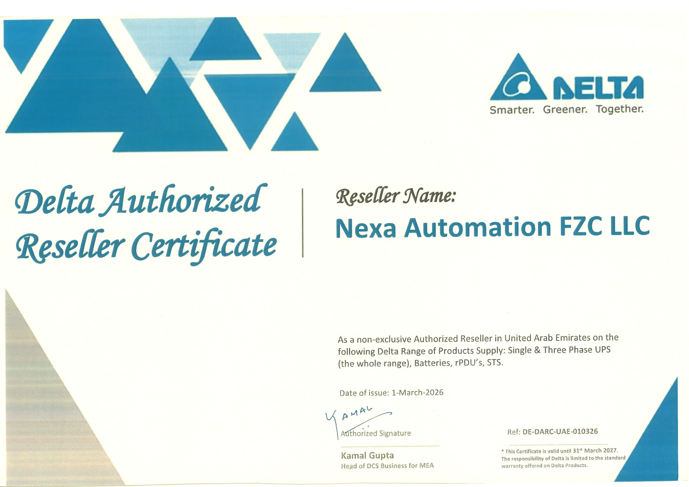 Delta Authorized Reseller Certificate